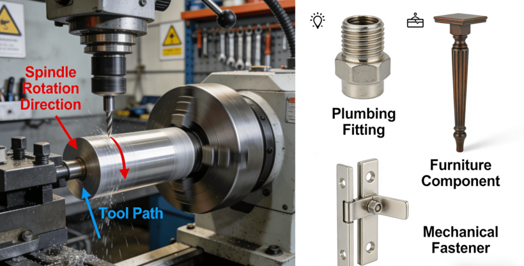 An infographic diagram illustrating the CNC turning process (rotating workpiece and cutting tool) and its applications in creating custom home improvement parts like plumbing fixtures and furniture components.