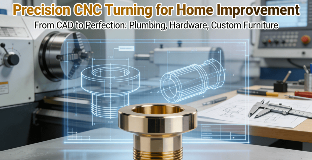 A precision-machined brass plumbing fitting for home renovation, shown with its 3D CAD blueprint, representing CNC turning services for home improvement projects.