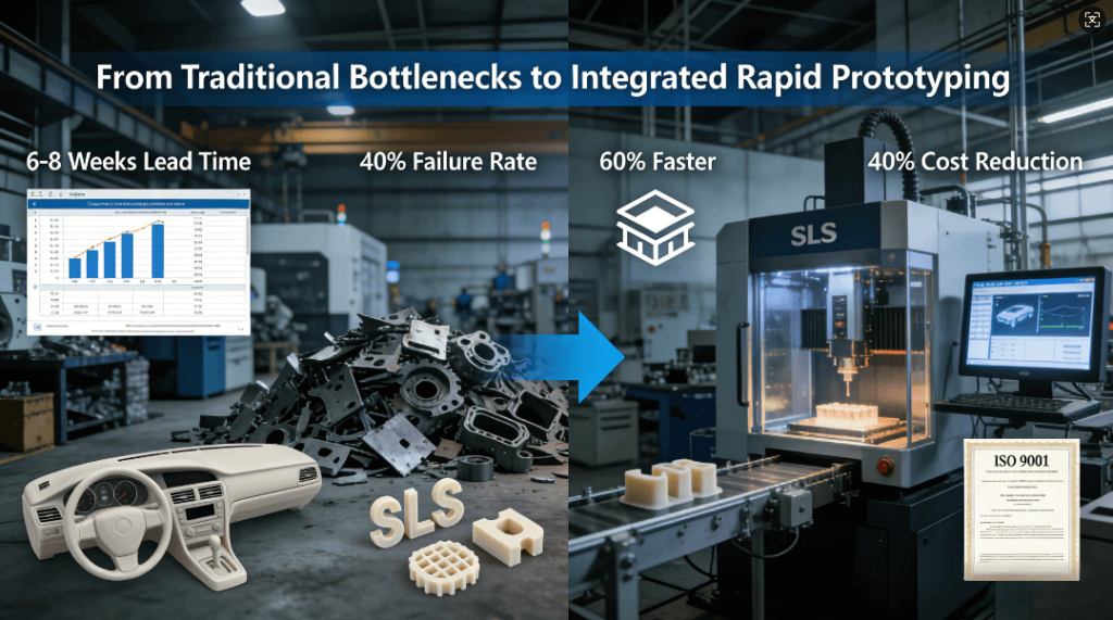 A split-image comparison showing traditional automotive prototyping challenges (6-8 week lead time, 40% failure) versus the integrated rapid prototyping solution (60% faster, 40% cost reduction) using SLS and vacuum casting.