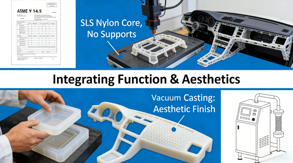  Close-up technical diagram of the integrated SLS printing and vacuum casting process for creating a functional and aesthetic car dashboard prototype.